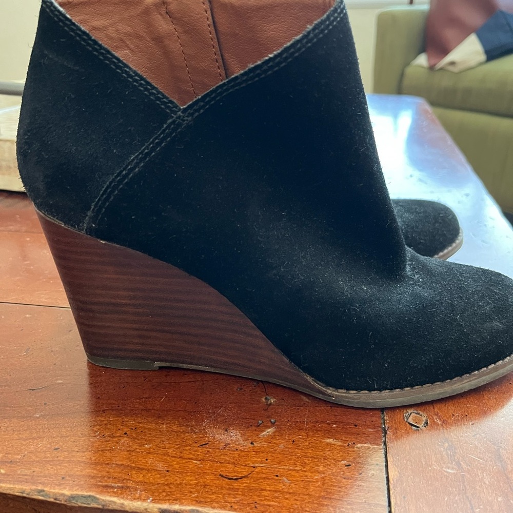 Lucky Brand Black and Brown Suede Wedge Boots